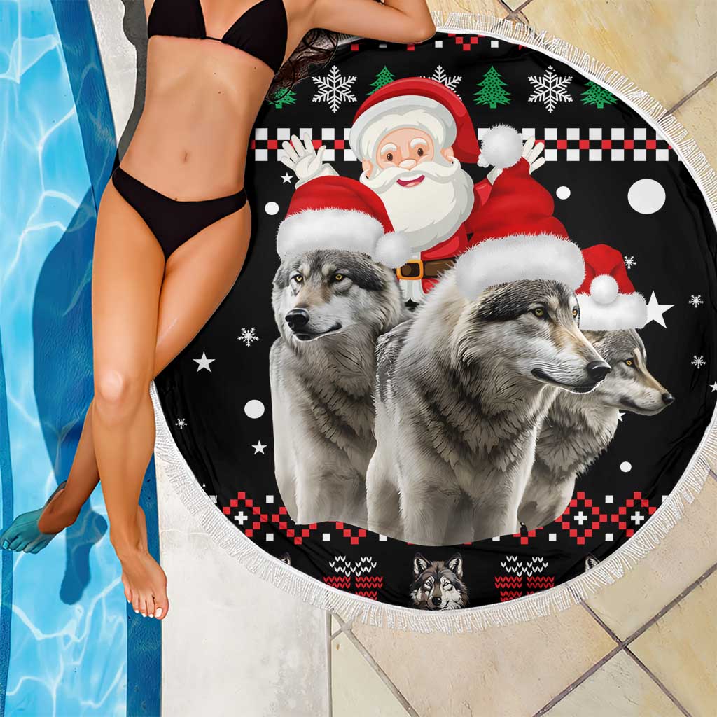 Latvia Christmas Beach Blanket with Santa Claus and Wolves in Holiday Pattern Design - Wonder Print Shop