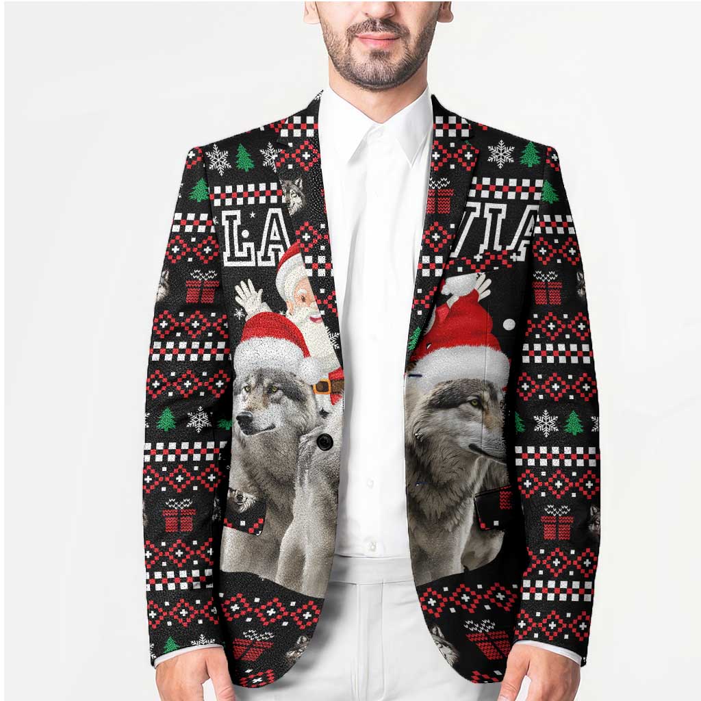 Latvia Christmas Blazer with Santa Claus and Wolves in Holiday Pattern Design - Wonder Print Shop