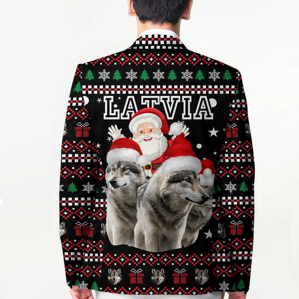 Latvia Christmas Blazer with Santa Claus and Wolves in Holiday Pattern Design - Wonder Print Shop