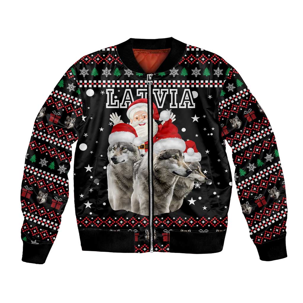 Latvia Christmas Bomber Jacket with Santa Claus and Wolves in Holiday Pattern Design - Wonder Print Shop