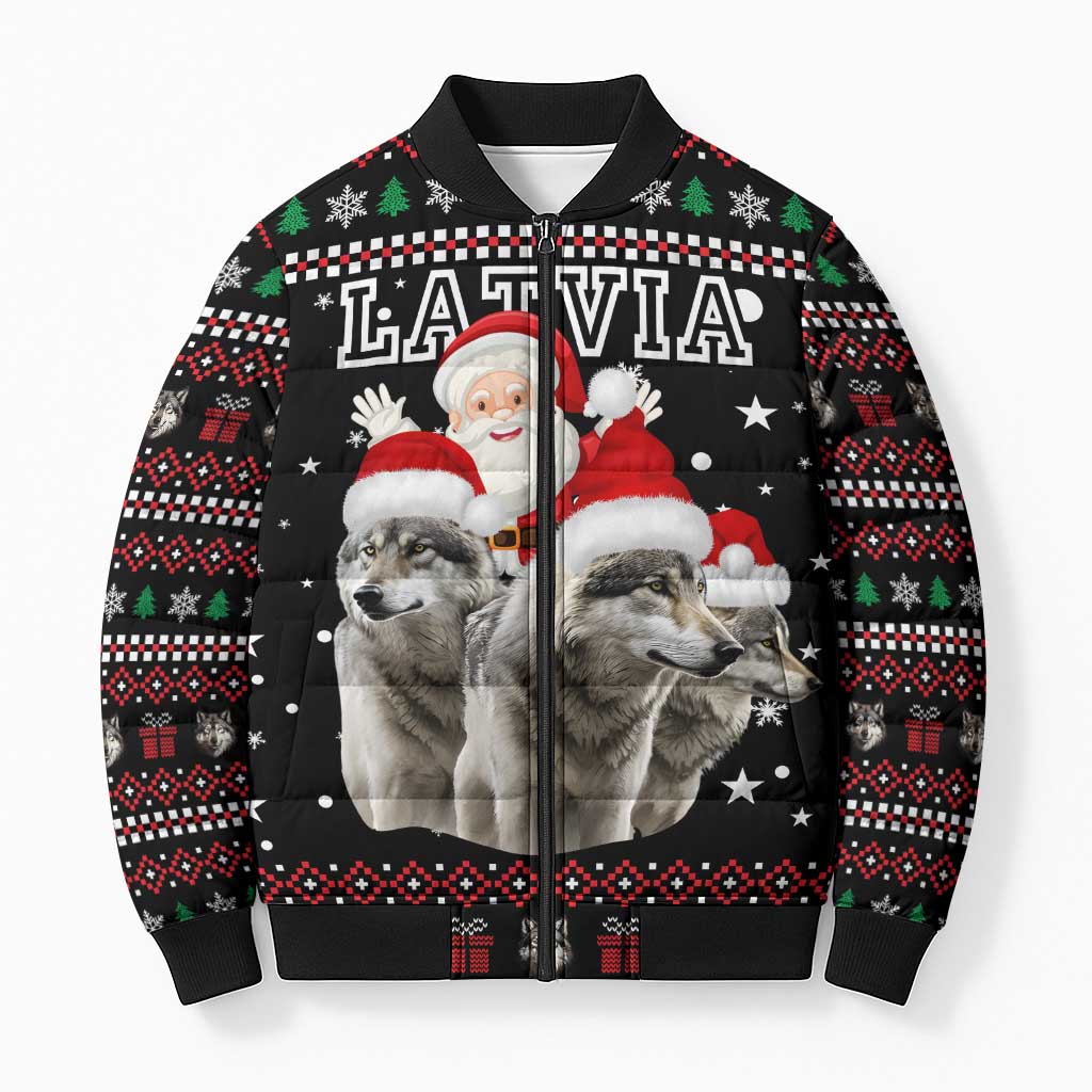 Latvia Christmas Bomber Puffer Jacket with Santa Claus and Wolves in Holiday Pattern Design - Wonder Print Shop