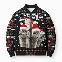Latvia Christmas Bomber Puffer Jacket with Santa Claus and Wolves in Holiday Pattern Design - Wonder Print Shop