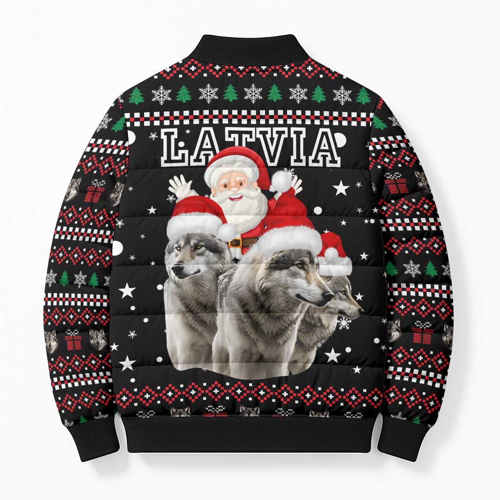 Latvia Christmas Bomber Puffer Jacket with Santa Claus and Wolves in Holiday Pattern Design - Wonder Print Shop
