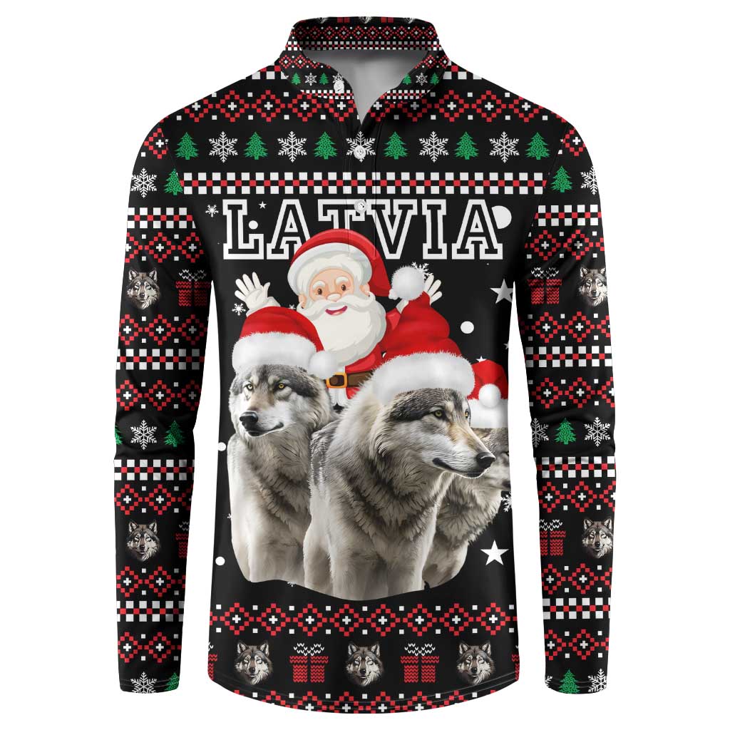 Latvia Christmas Button Sweatshirt with Santa Claus and Wolves in Holiday Pattern Design - Wonder Print Shop