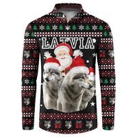 Latvia Christmas Button Sweatshirt with Santa Claus and Wolves in Holiday Pattern Design - Wonder Print Shop