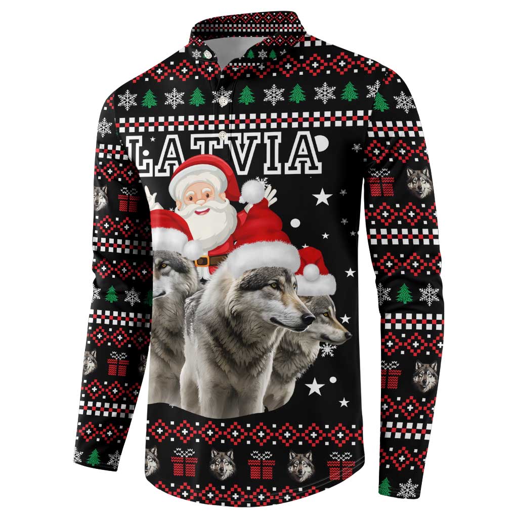 Latvia Christmas Button Sweatshirt with Santa Claus and Wolves in Holiday Pattern Design - Wonder Print Shop