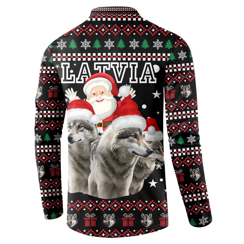 Latvia Christmas Button Sweatshirt with Santa Claus and Wolves in Holiday Pattern Design - Wonder Print Shop