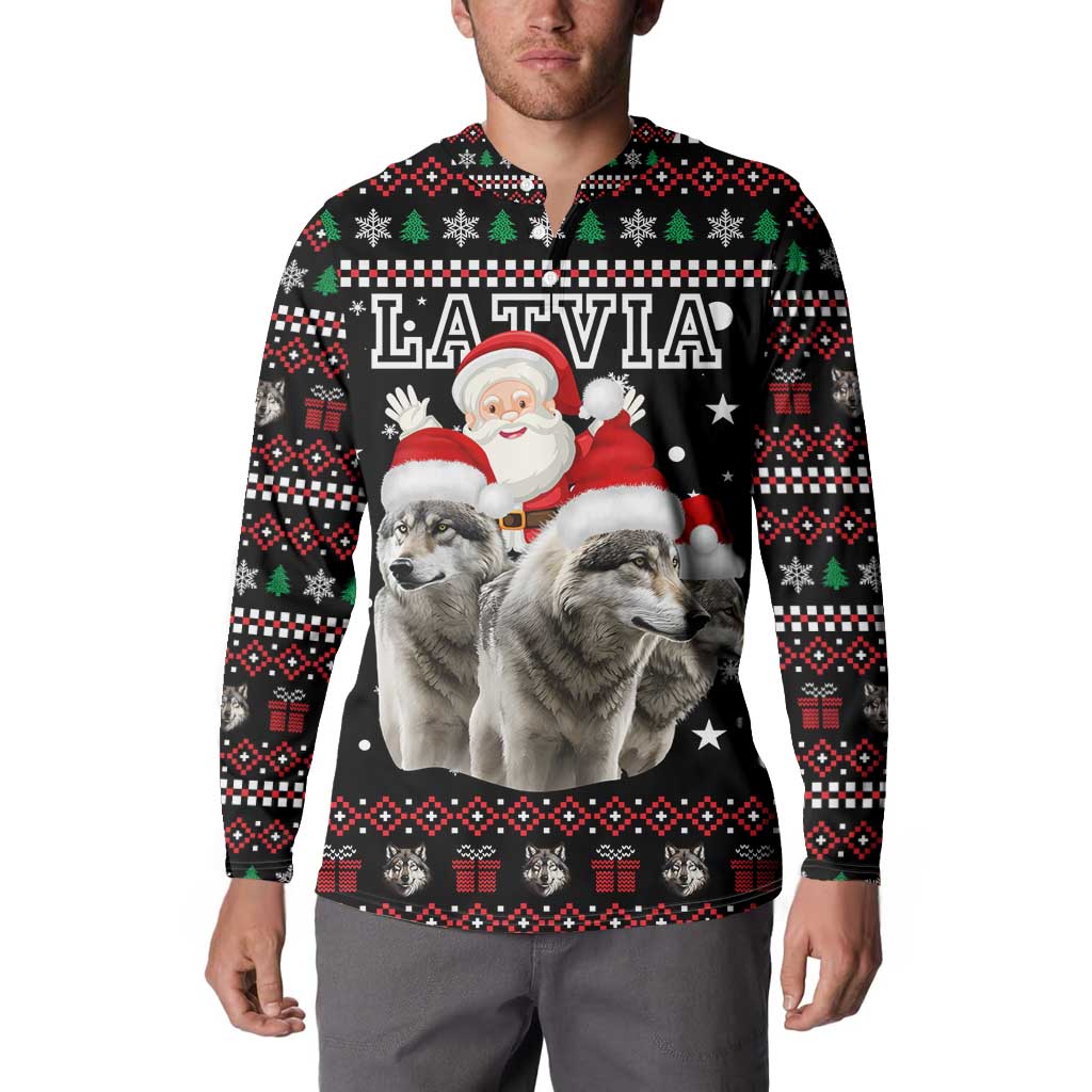 Latvia Christmas Button Sweatshirt with Santa Claus and Wolves in Holiday Pattern Design - Wonder Print Shop