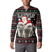 Latvia Christmas Button Sweatshirt with Santa Claus and Wolves in Holiday Pattern Design - Wonder Print Shop