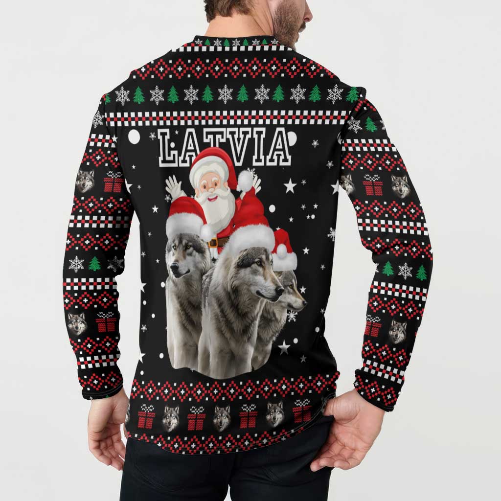 Latvia Christmas Button Sweatshirt with Santa Claus and Wolves in Holiday Pattern Design - Wonder Print Shop