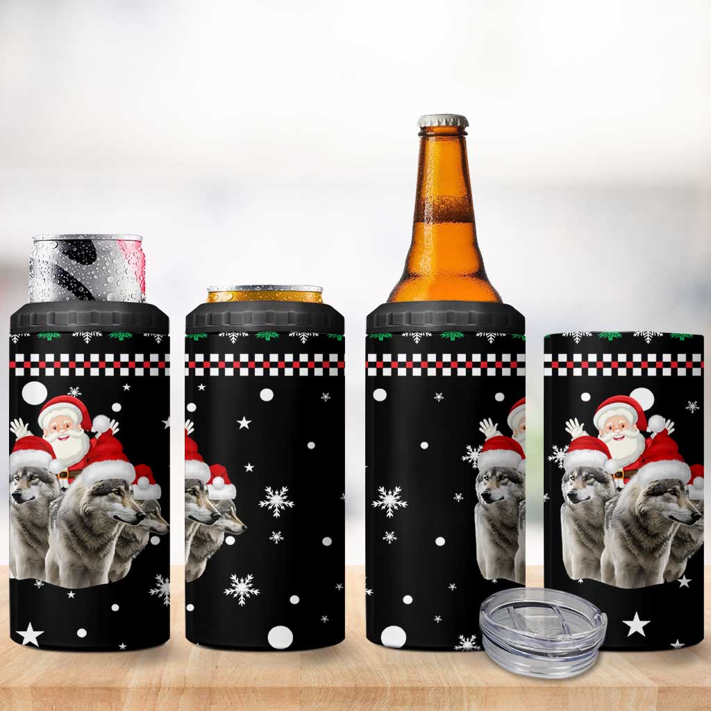 Latvia Christmas 4 in 1 Can Cooler Tumbler with Santa Claus and Wolves in Holiday Pattern Design - Wonder Print Shop