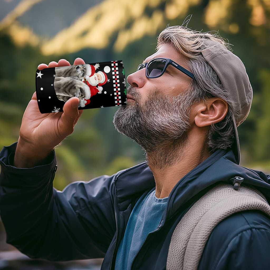 Latvia Christmas 4 in 1 Can Cooler Tumbler with Santa Claus and Wolves in Holiday Pattern Design - Wonder Print Shop