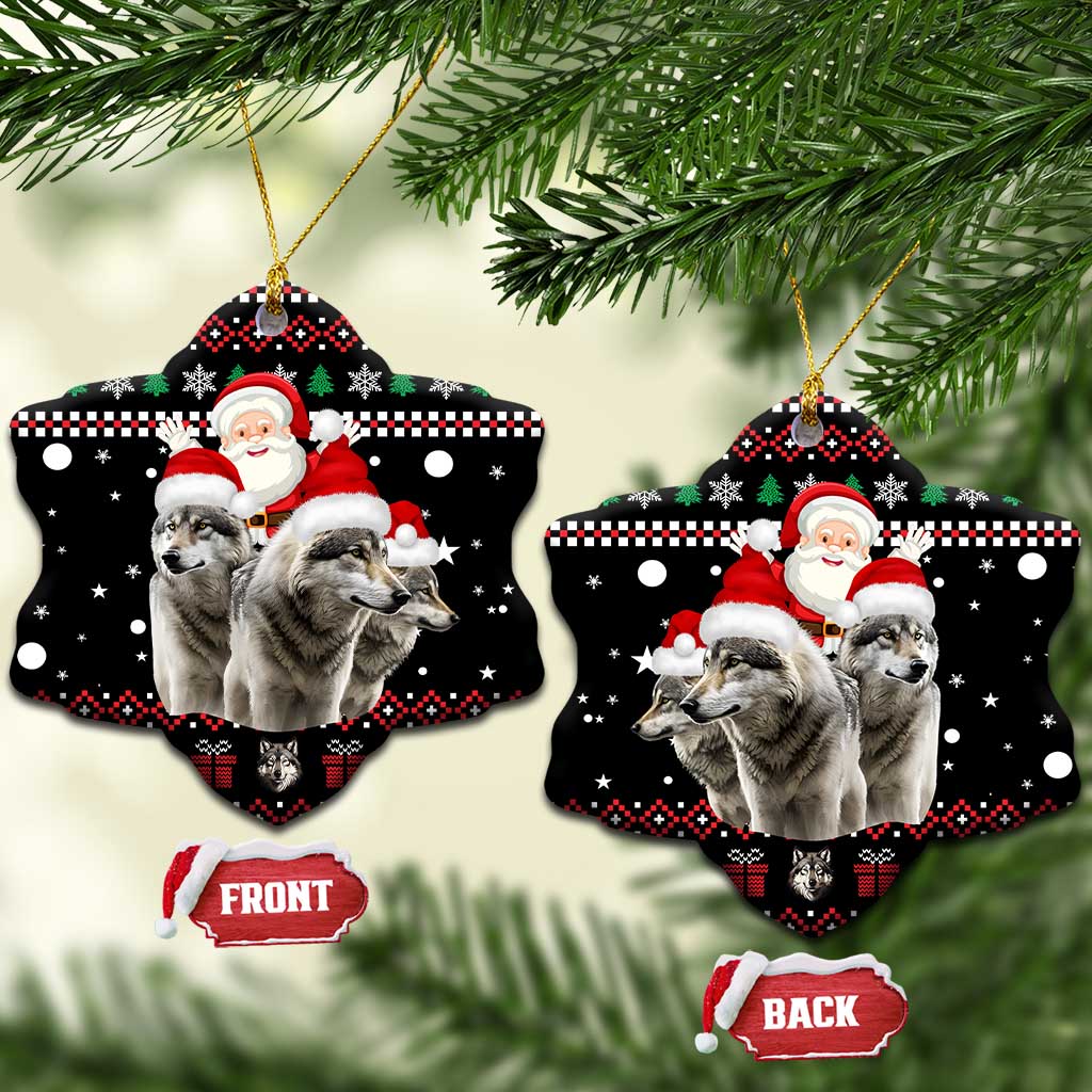 Latvia Christmas Ceramic Ornament with Santa Claus and Wolves in Holiday Pattern Design - Wonder Print Shop
