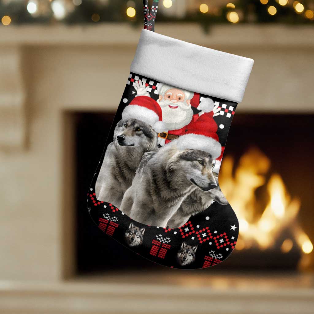 Latvia Christmas Stocking with Santa Claus and Wolves in Holiday Pattern Design - Wonder Print Shop