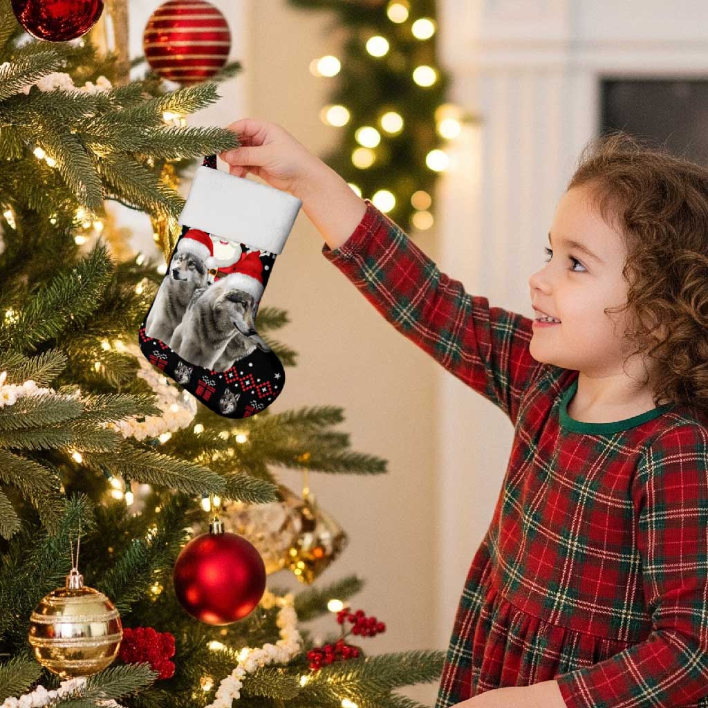 Latvia Christmas Stocking with Santa Claus and Wolves in Holiday Pattern Design - Wonder Print Shop