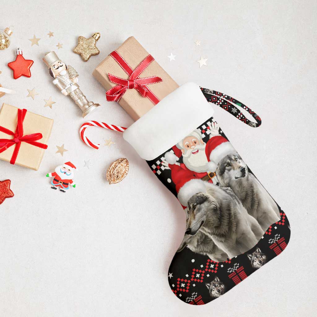 Latvia Christmas Stocking with Santa Claus and Wolves in Holiday Pattern Design - Wonder Print Shop