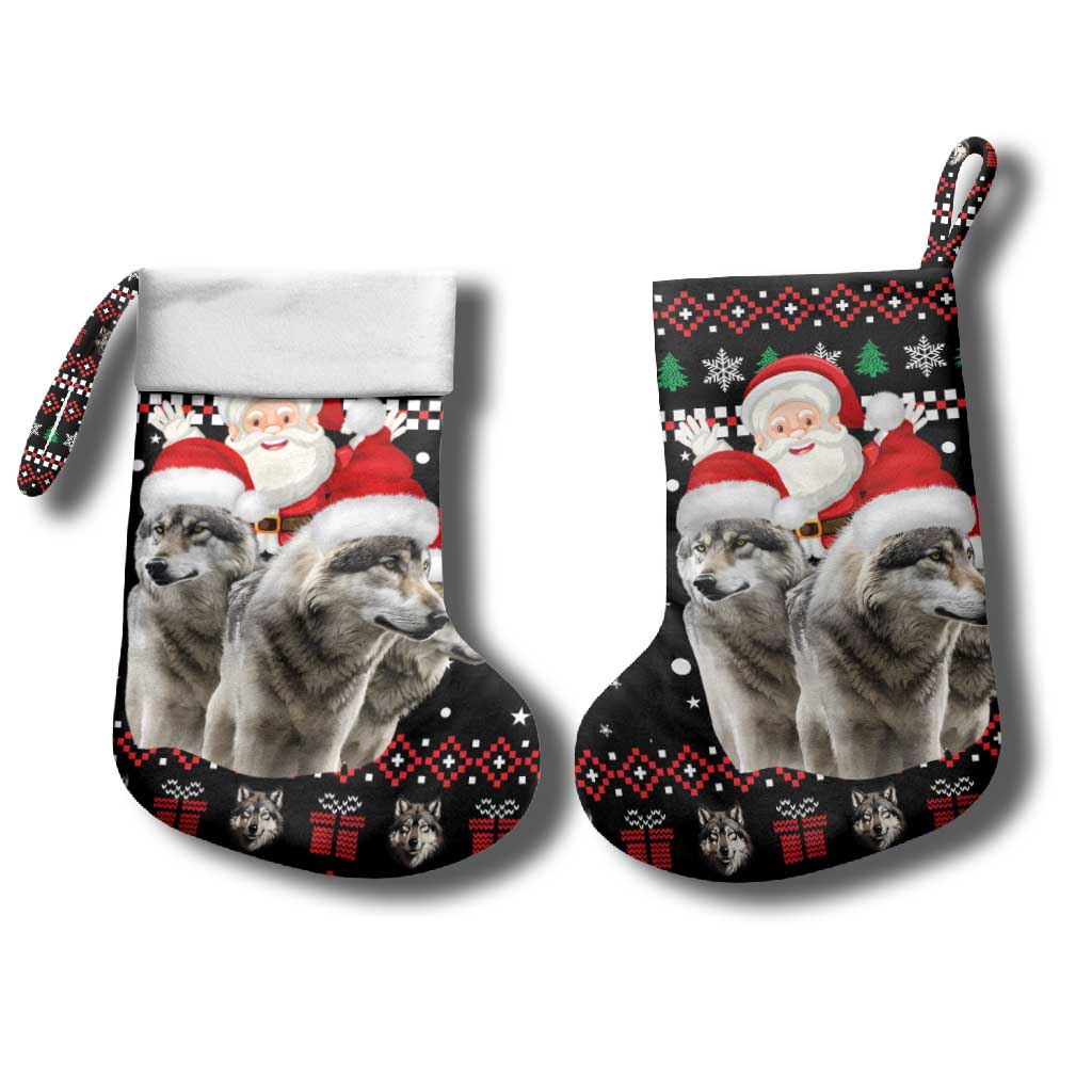 Latvia Christmas Stocking with Santa Claus and Wolves in Holiday Pattern Design - Wonder Print Shop