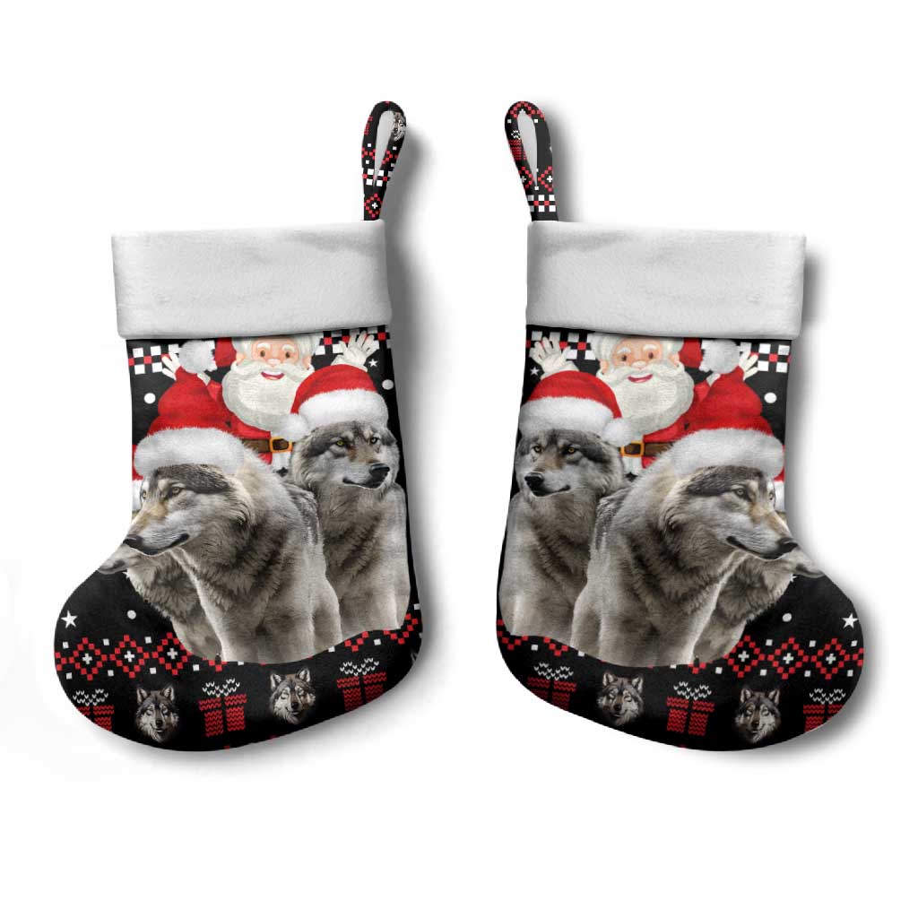 Latvia Christmas Stocking with Santa Claus and Wolves in Holiday Pattern Design - Wonder Print Shop