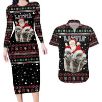 Latvia Christmas Couples Matching Long Sleeve Bodycon Dress and Hawaiian Shirt with Santa Claus and Wolves in Holiday Pattern Design - Wonder Print Shop