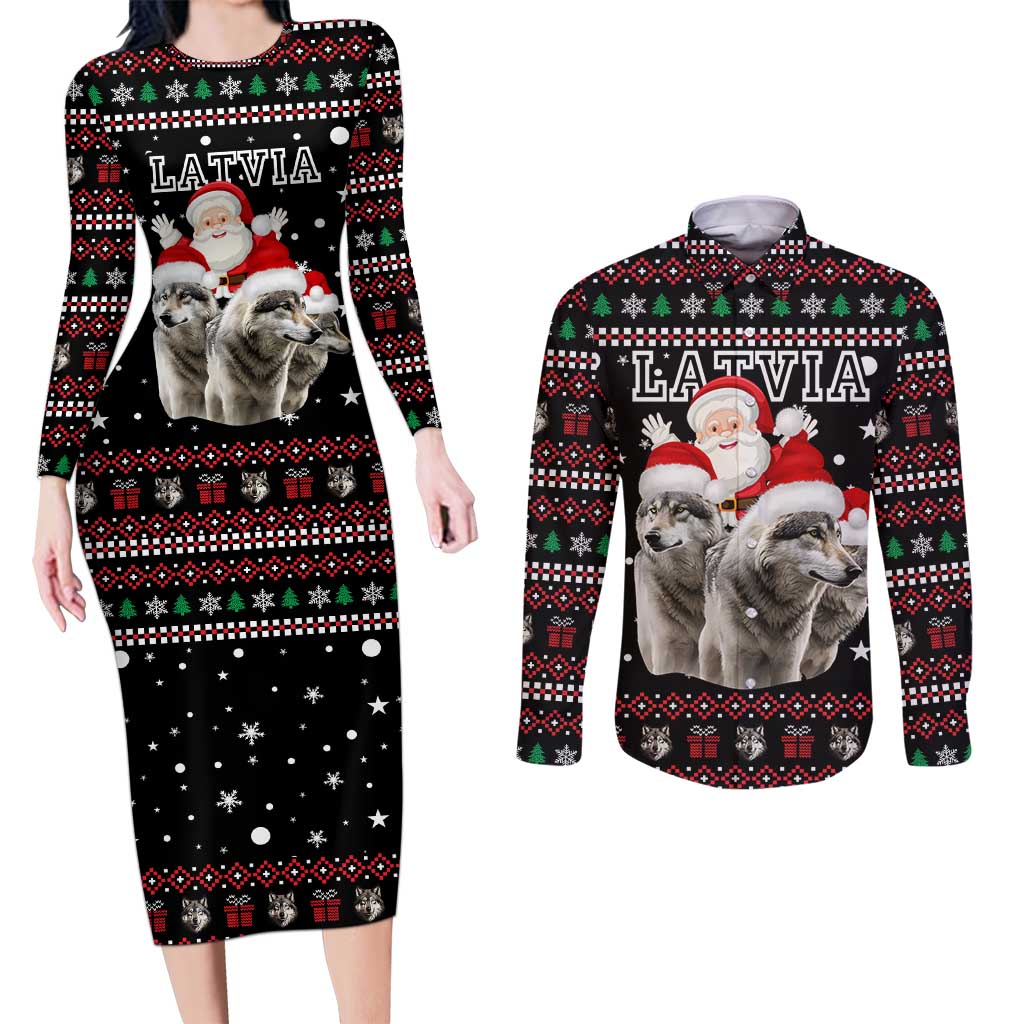 Latvia Christmas Couples Matching Long Sleeve Bodycon Dress and Long Sleeve Button Shirt with Santa Claus and Wolves in Holiday Pattern Design - Wonder Print Shop