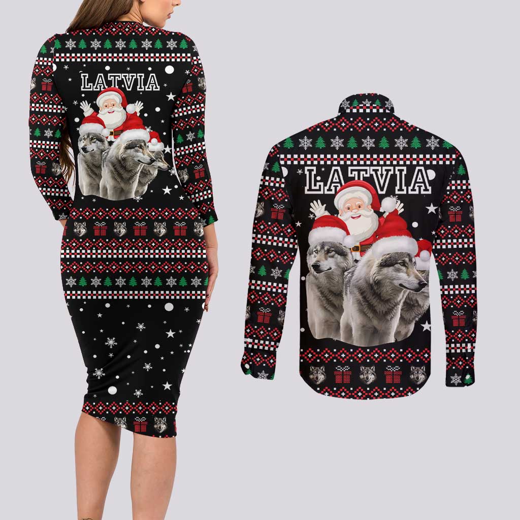 Latvia Christmas Couples Matching Long Sleeve Bodycon Dress and Long Sleeve Button Shirt with Santa Claus and Wolves in Holiday Pattern Design - Wonder Print Shop
