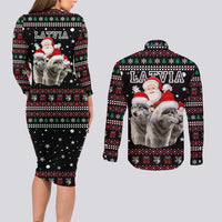 Latvia Christmas Couples Matching Long Sleeve Bodycon Dress and Long Sleeve Button Shirt with Santa Claus and Wolves in Holiday Pattern Design - Wonder Print Shop