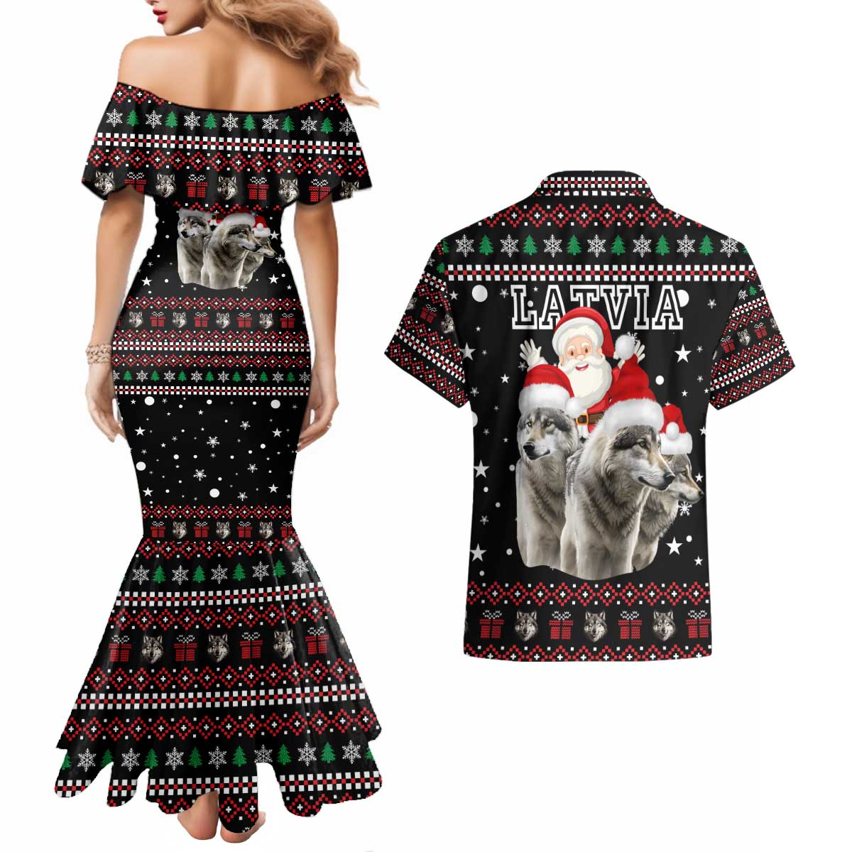 Latvia Christmas Couples Matching Mermaid Dress and Hawaiian Shirt with Santa Claus and Wolves in Holiday Pattern Design - Wonder Print Shop