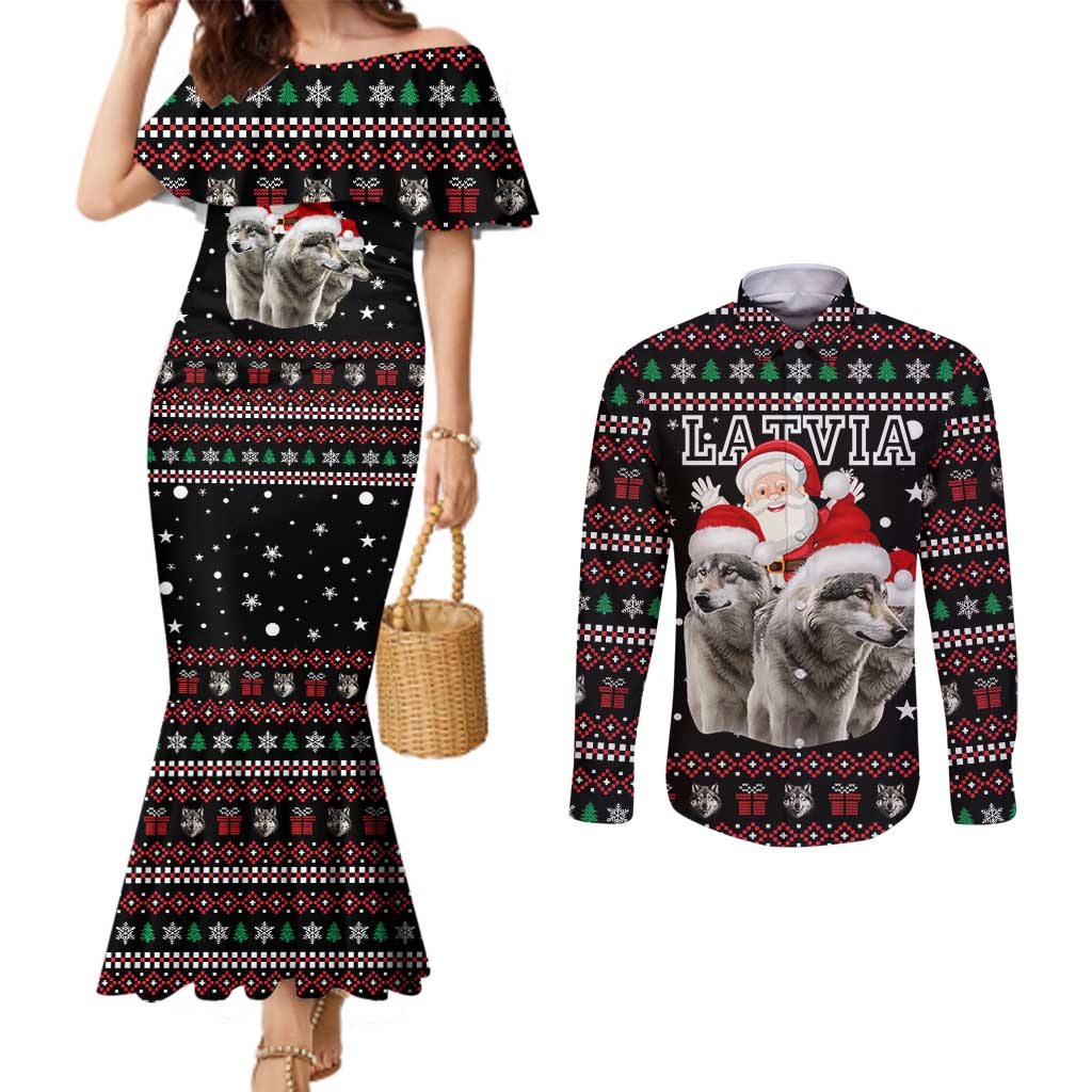 Latvia Christmas Couples Matching Mermaid Dress and Long Sleeve Button Shirt with Santa Claus and Wolves in Holiday Pattern Design - Wonder Print Shop