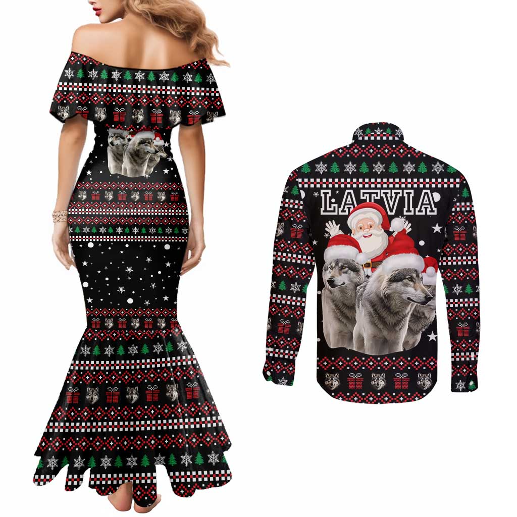 Latvia Christmas Couples Matching Mermaid Dress and Long Sleeve Button Shirt with Santa Claus and Wolves in Holiday Pattern Design - Wonder Print Shop