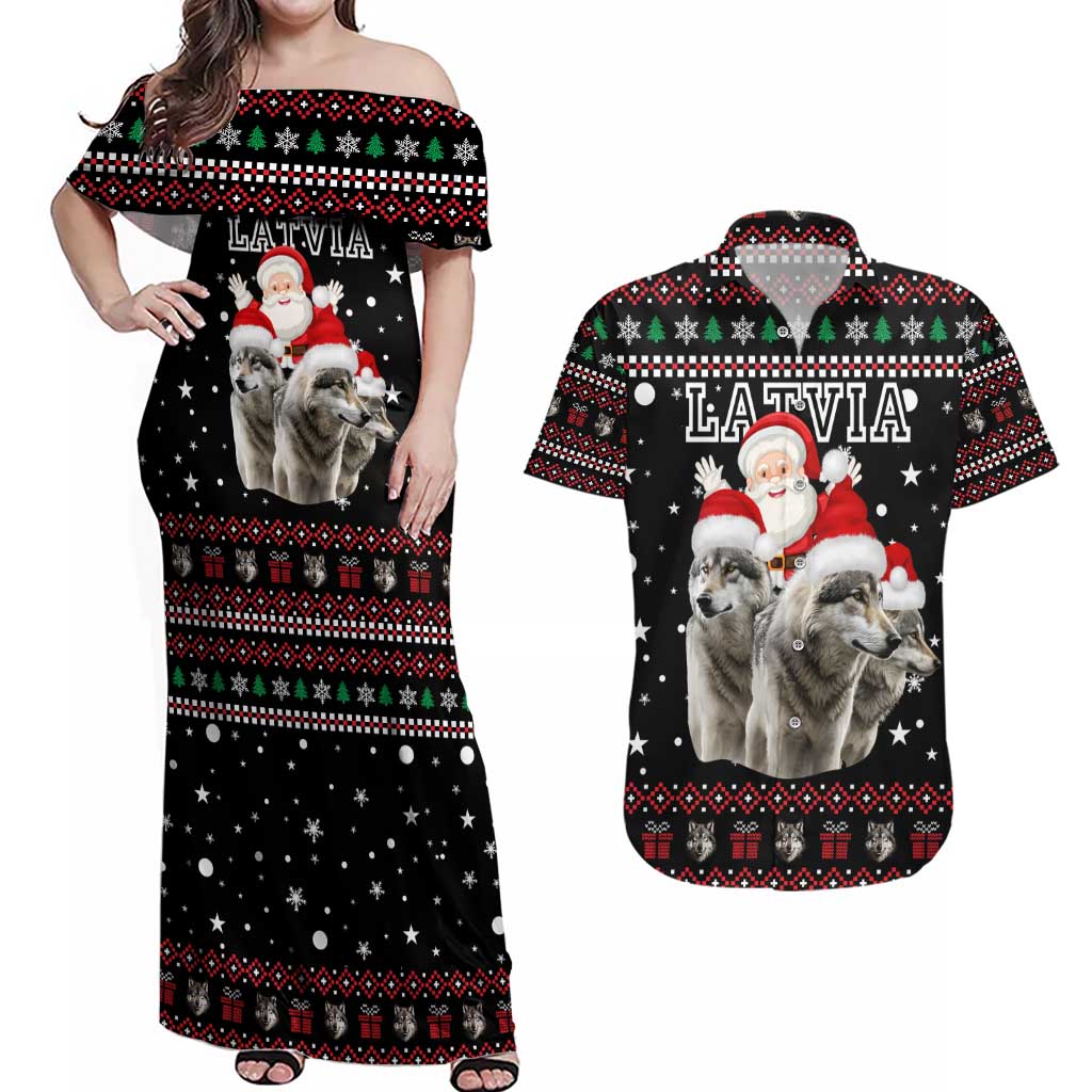 Latvia Christmas Couples Matching Off Shoulder Maxi Dress and Hawaiian Shirt with Santa Claus and Wolves in Holiday Pattern Design - Wonder Print Shop
