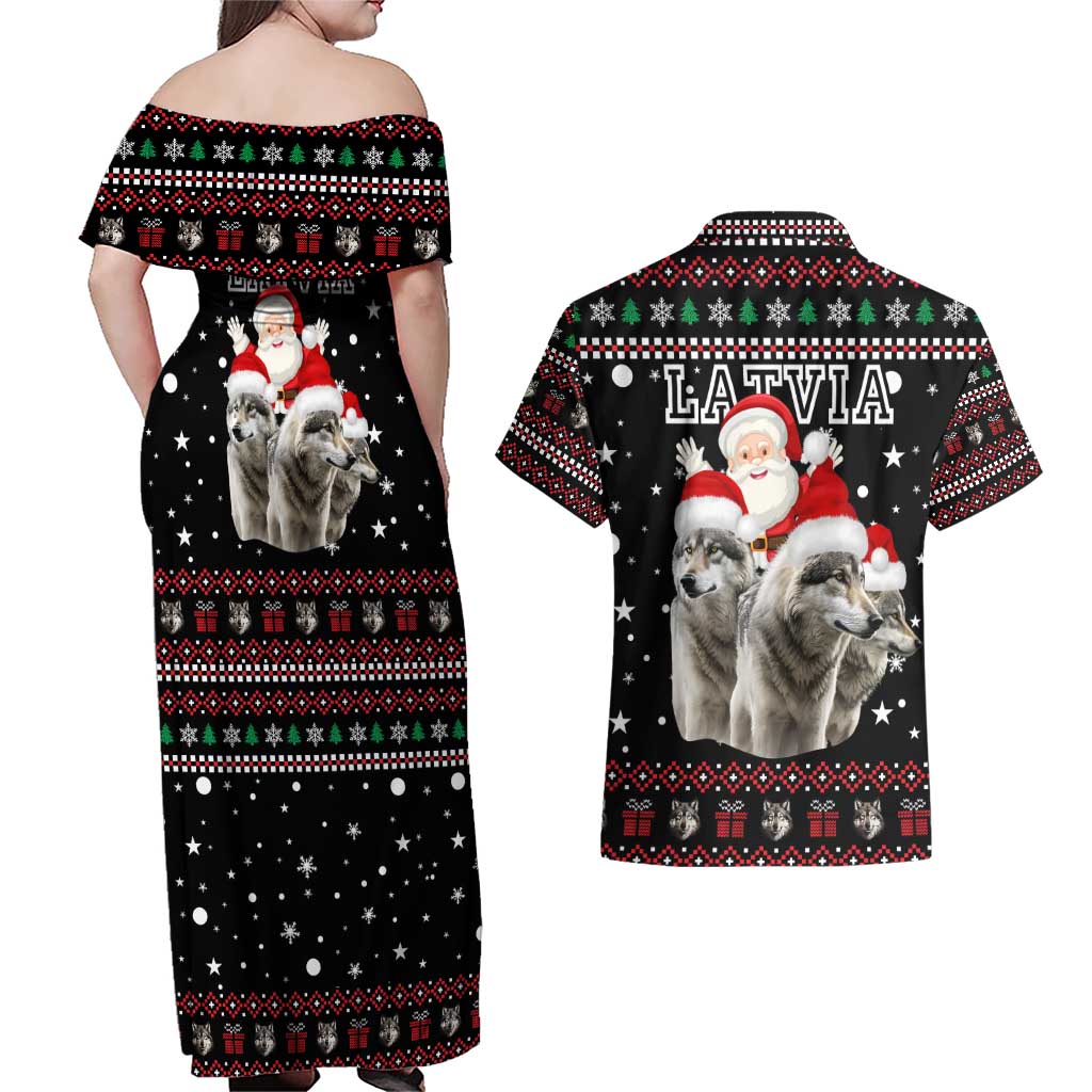 Latvia Christmas Couples Matching Off Shoulder Maxi Dress and Hawaiian Shirt with Santa Claus and Wolves in Holiday Pattern Design - Wonder Print Shop
