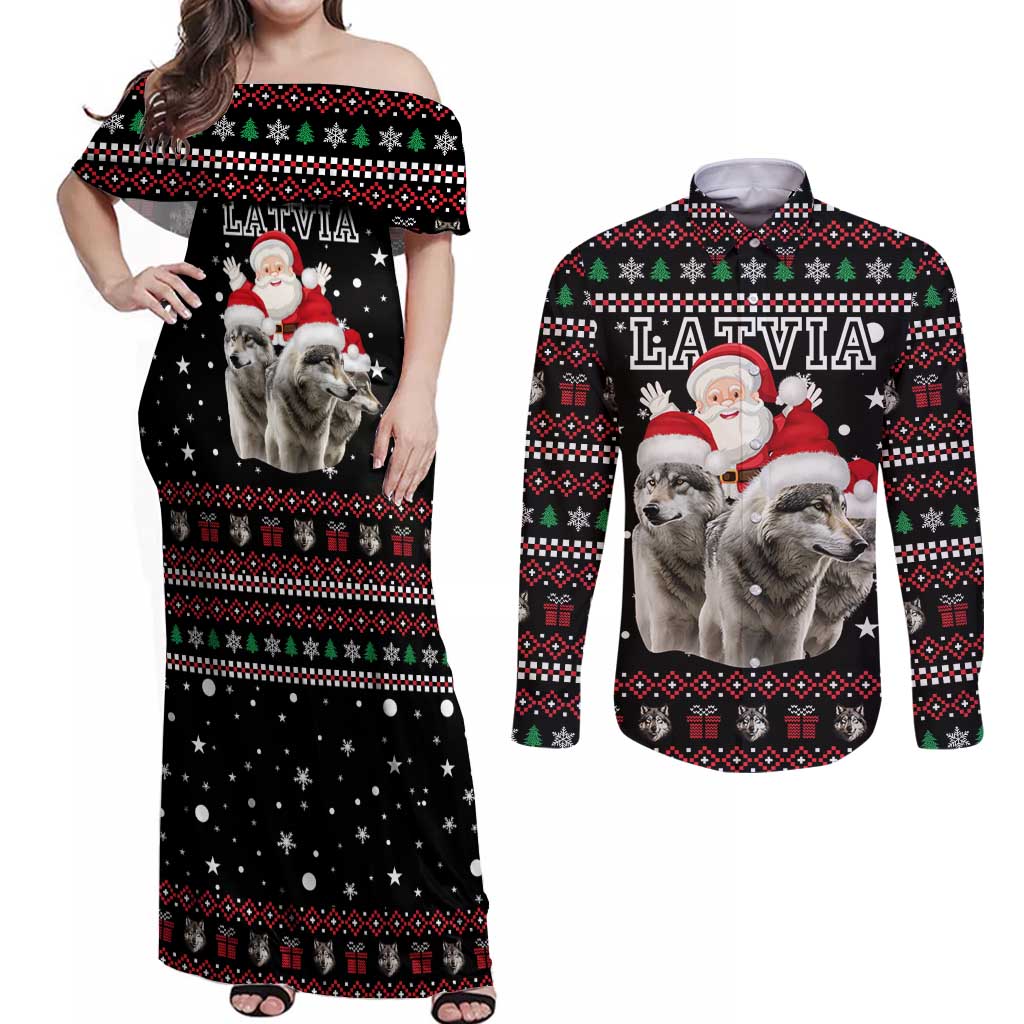 Latvia Christmas Couples Matching Off Shoulder Maxi Dress and Long Sleeve Button Shirt with Santa Claus and Wolves in Holiday Pattern Design - Wonder Print Shop