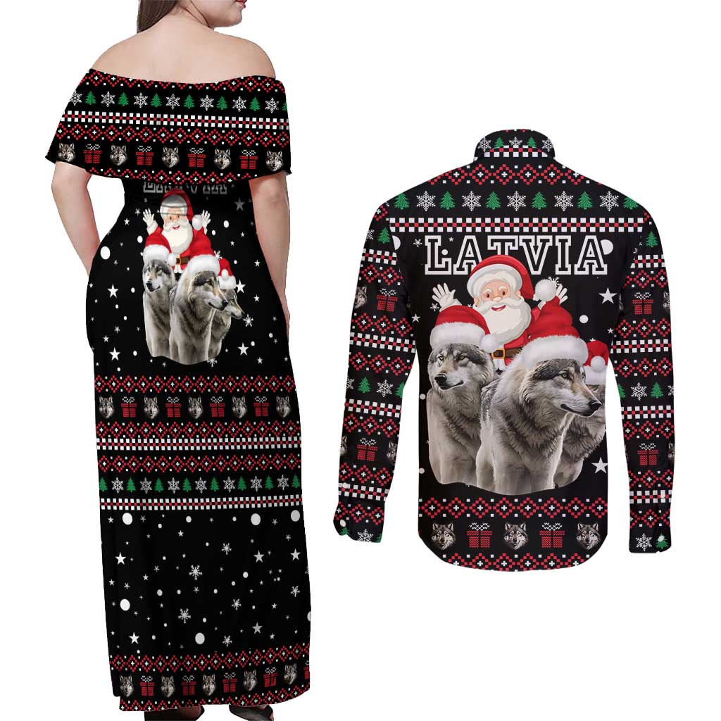 Latvia Christmas Couples Matching Off Shoulder Maxi Dress and Long Sleeve Button Shirt with Santa Claus and Wolves in Holiday Pattern Design - Wonder Print Shop