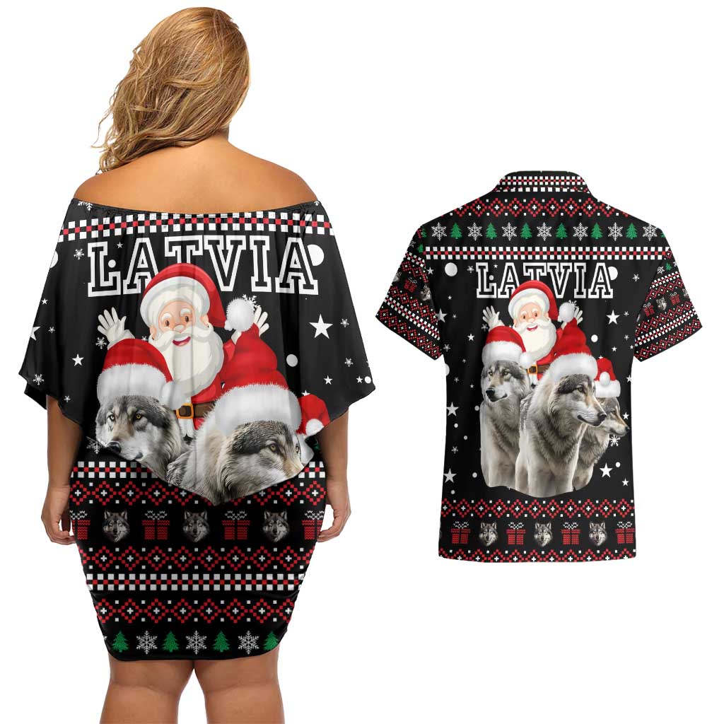Latvia Christmas Couples Matching Off Shoulder Short Dress and Hawaiian Shirt with Santa Claus and Wolves in Holiday Pattern Design - Wonder Print Shop