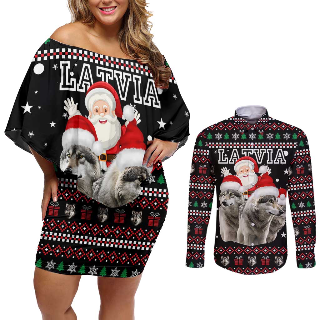 Latvia Christmas Couples Matching Off Shoulder Short Dress and Long Sleeve Button Shirt with Santa Claus and Wolves in Holiday Pattern Design - Wonder Print Shop