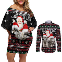 Latvia Christmas Couples Matching Off Shoulder Short Dress and Long Sleeve Button Shirt with Santa Claus and Wolves in Holiday Pattern Design - Wonder Print Shop