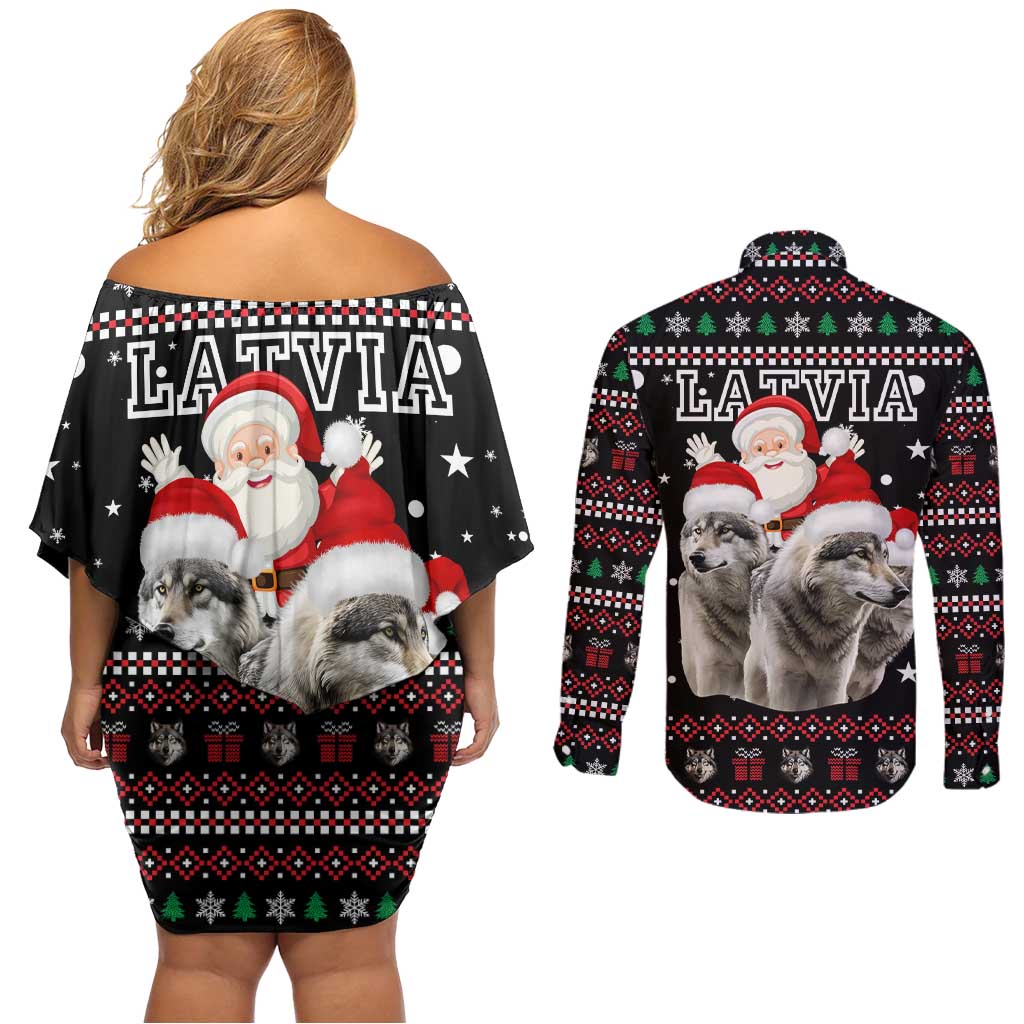 Latvia Christmas Couples Matching Off Shoulder Short Dress and Long Sleeve Button Shirt with Santa Claus and Wolves in Holiday Pattern Design - Wonder Print Shop