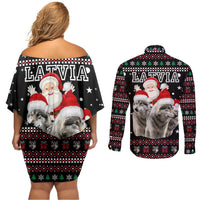 Latvia Christmas Couples Matching Off Shoulder Short Dress and Long Sleeve Button Shirt with Santa Claus and Wolves in Holiday Pattern Design - Wonder Print Shop