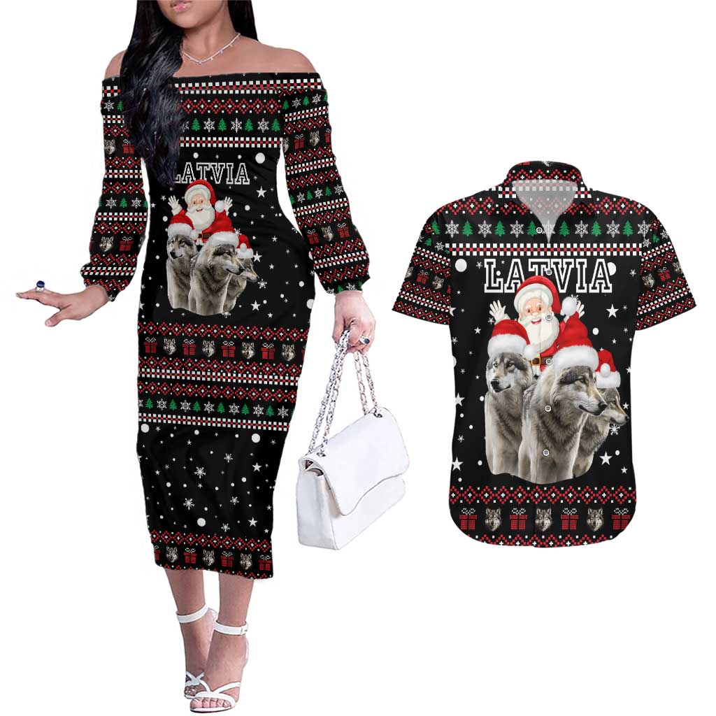 Latvia Christmas Couples Matching Off The Shoulder Long Sleeve Dress and Hawaiian Shirt with Santa Claus and Wolves in Holiday Pattern Design - Wonder Print Shop