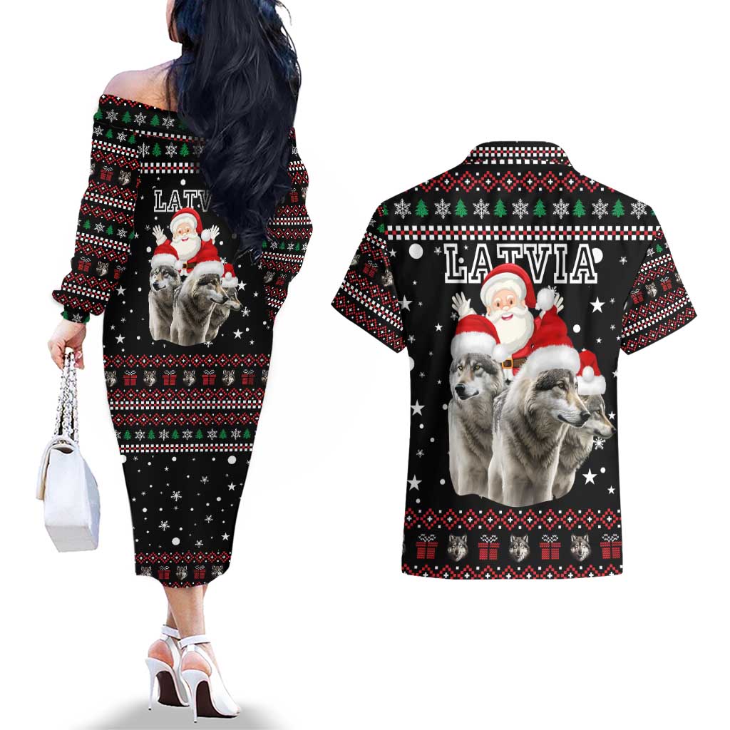 Latvia Christmas Couples Matching Off The Shoulder Long Sleeve Dress and Hawaiian Shirt with Santa Claus and Wolves in Holiday Pattern Design - Wonder Print Shop