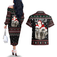 Latvia Christmas Couples Matching Off The Shoulder Long Sleeve Dress and Hawaiian Shirt with Santa Claus and Wolves in Holiday Pattern Design - Wonder Print Shop