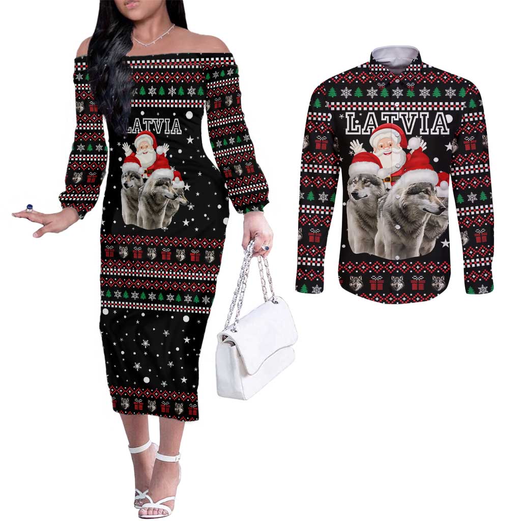 Latvia Christmas Couples Matching Off The Shoulder Long Sleeve Dress and Long Sleeve Button Shirt with Santa Claus and Wolves in Holiday Pattern Design - Wonder Print Shop