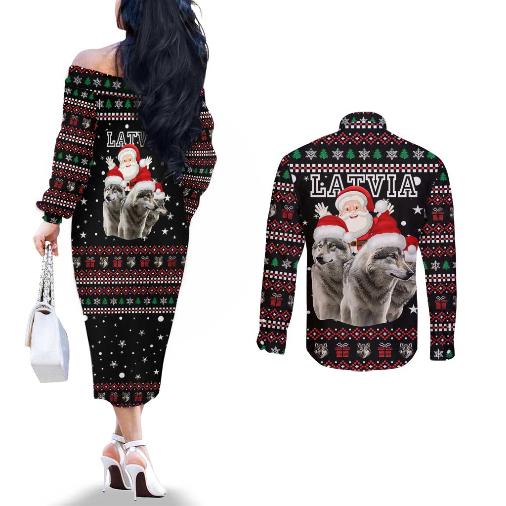 Latvia Christmas Couples Matching Off The Shoulder Long Sleeve Dress and Long Sleeve Button Shirt with Santa Claus and Wolves in Holiday Pattern Design - Wonder Print Shop