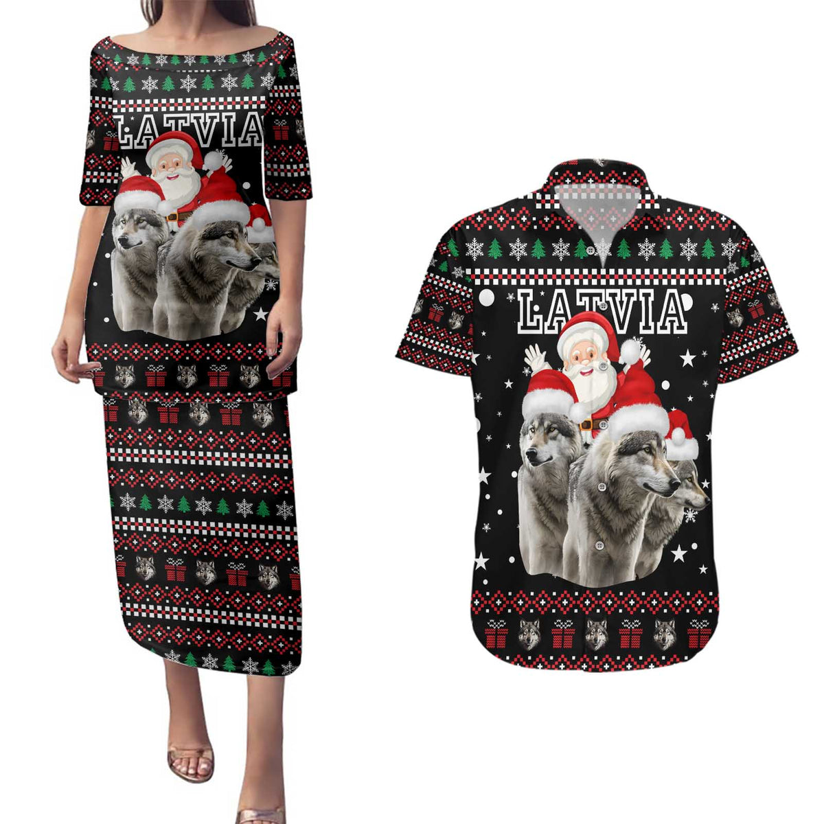Latvia Christmas Couples Matching Puletasi and Hawaiian Shirt with Santa Claus and Wolves in Holiday Pattern Design - Wonder Print Shop