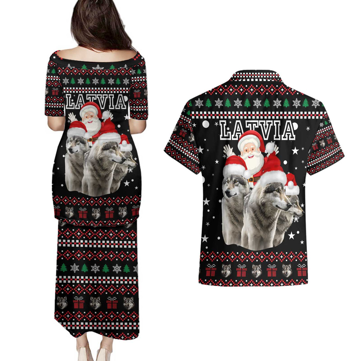 Latvia Christmas Couples Matching Puletasi and Hawaiian Shirt with Santa Claus and Wolves in Holiday Pattern Design - Wonder Print Shop