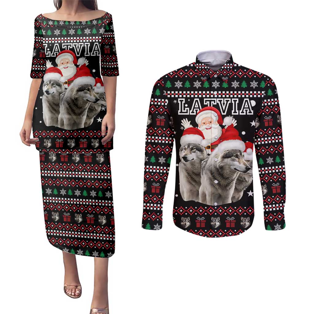 Latvia Christmas Couples Matching Puletasi and Long Sleeve Button Shirt with Santa Claus and Wolves in Holiday Pattern Design - Wonder Print Shop