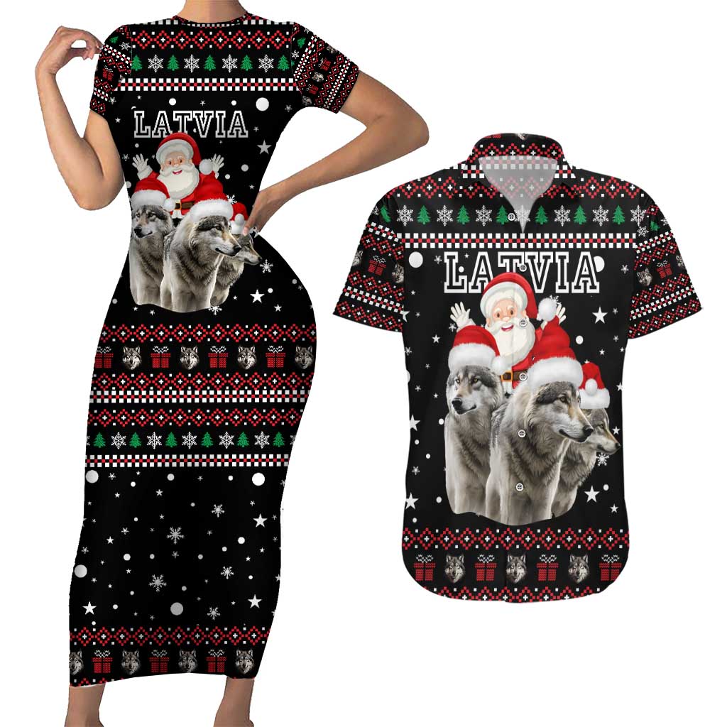 Latvia Christmas Couples Matching Short Sleeve Bodycon Dress and Hawaiian Shirt with Santa Claus and Wolves in Holiday Pattern Design - Wonder Print Shop