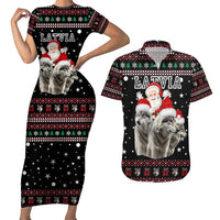 Latvia Christmas Couples Matching Short Sleeve Bodycon Dress and Hawaiian Shirt with Santa Claus and Wolves in Holiday Pattern Design - Wonder Print Shop