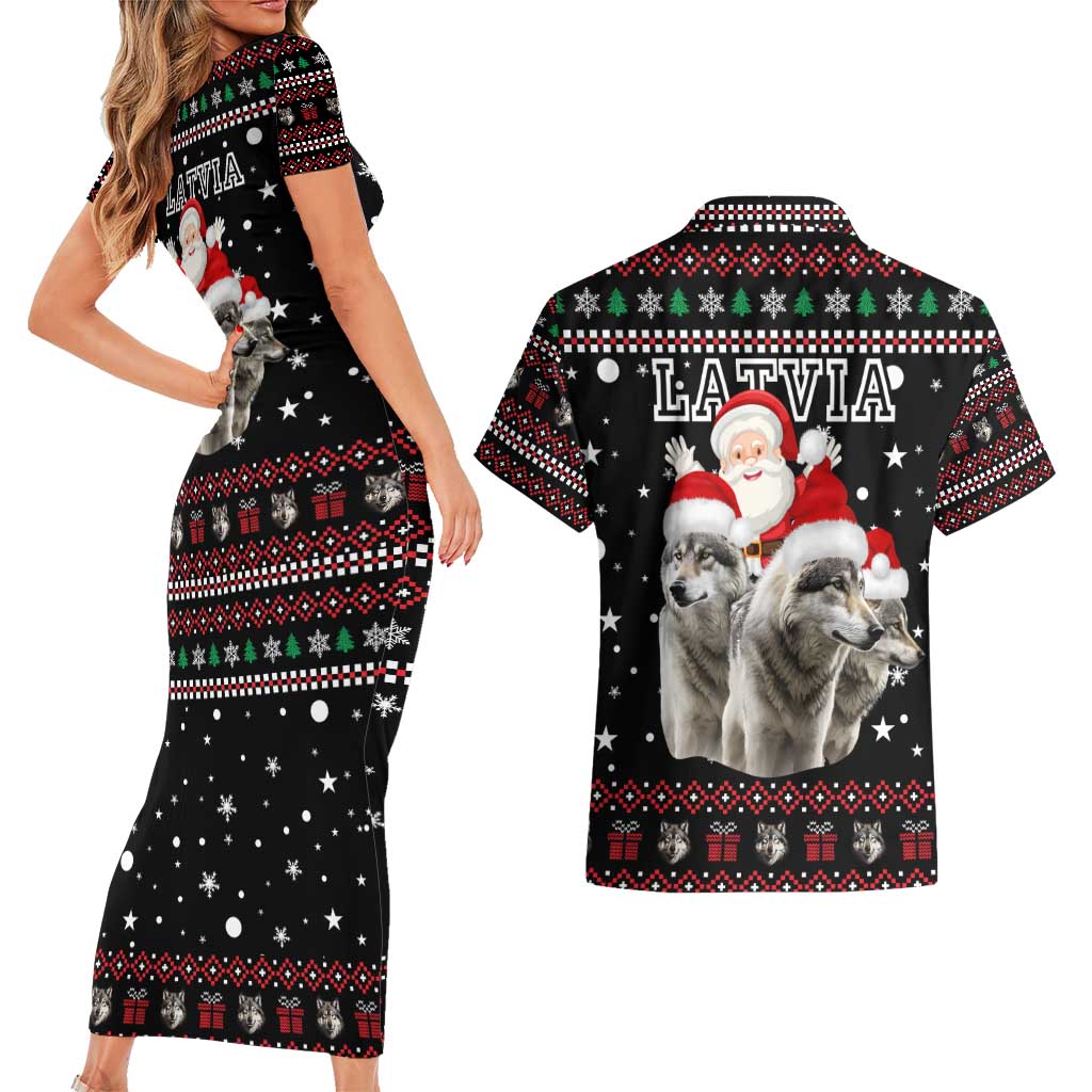 Latvia Christmas Couples Matching Short Sleeve Bodycon Dress and Hawaiian Shirt with Santa Claus and Wolves in Holiday Pattern Design - Wonder Print Shop