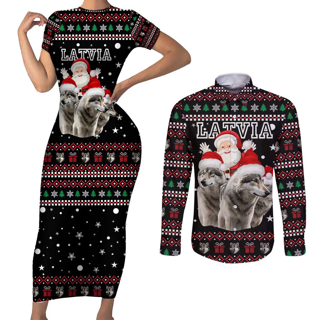 Latvia Christmas Couples Matching Short Sleeve Bodycon Dress and Long Sleeve Button Shirt with Santa Claus and Wolves in Holiday Pattern Design - Wonder Print Shop